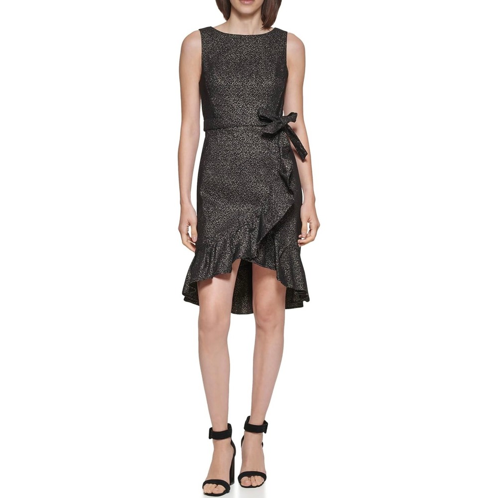 NWT-Calvin Klein Black &‎ Gold Sparkle Dress Size 4 | Ruffle Front | $134 Retail